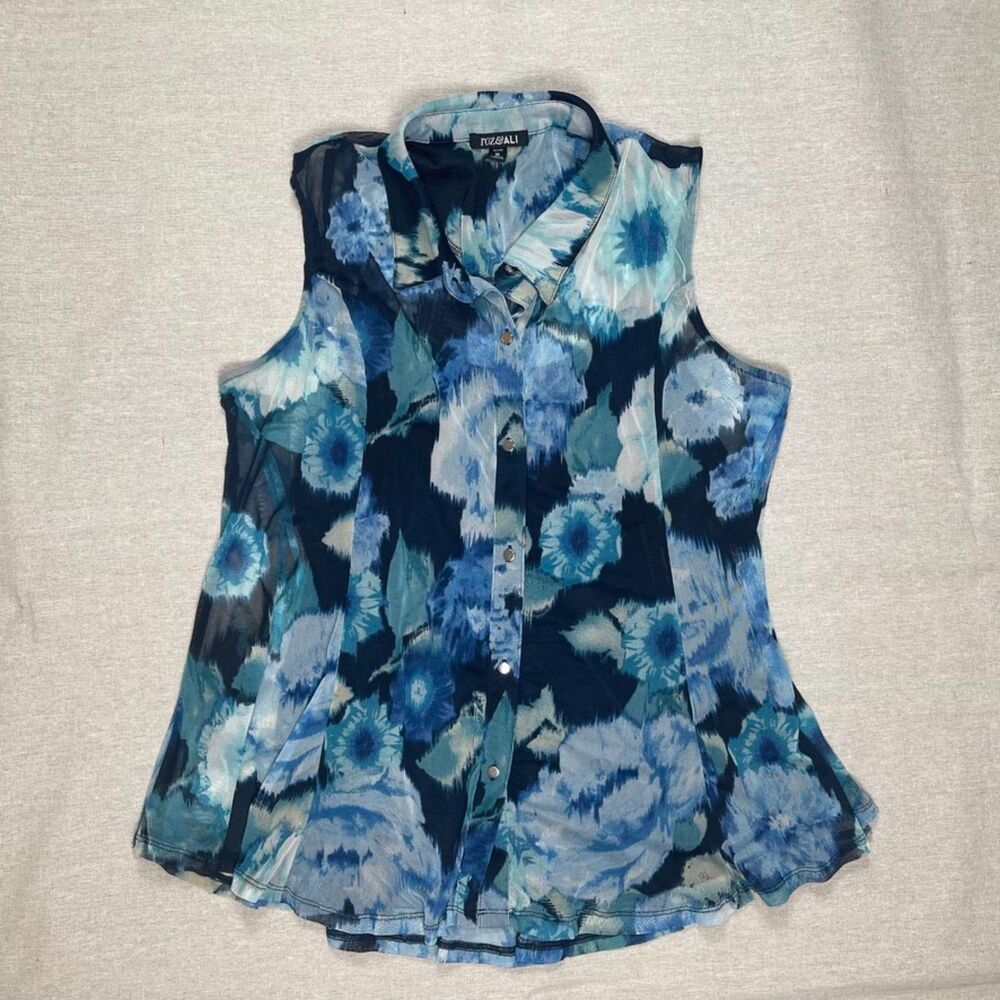 Roz & Ali | Petite Sleeveless Blue Watercolor Mesh Layered Top | PXL